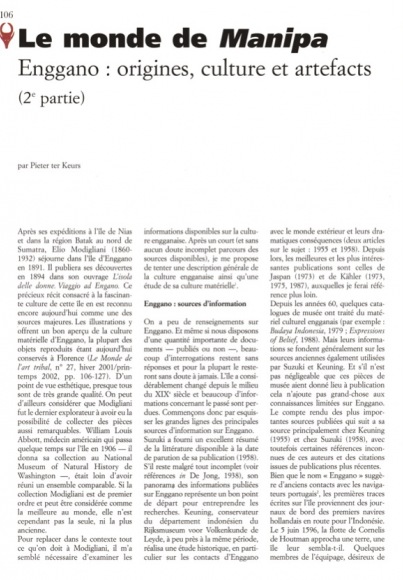 Le monde de Manipa. Enggano : origines, culture et artefacts (2e partie)
