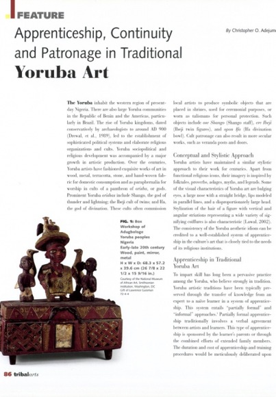 Apprenticeship, Continuity and Patronage in Traditional Yoruba Art